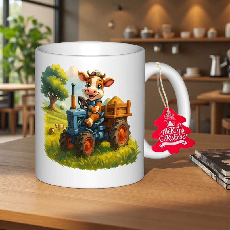 Tailorly White Ceramic 11 oz Mug - Cheerful Cartoon Cow Driving Blue Tractor Through Sunny Green Summer Meadow Cow