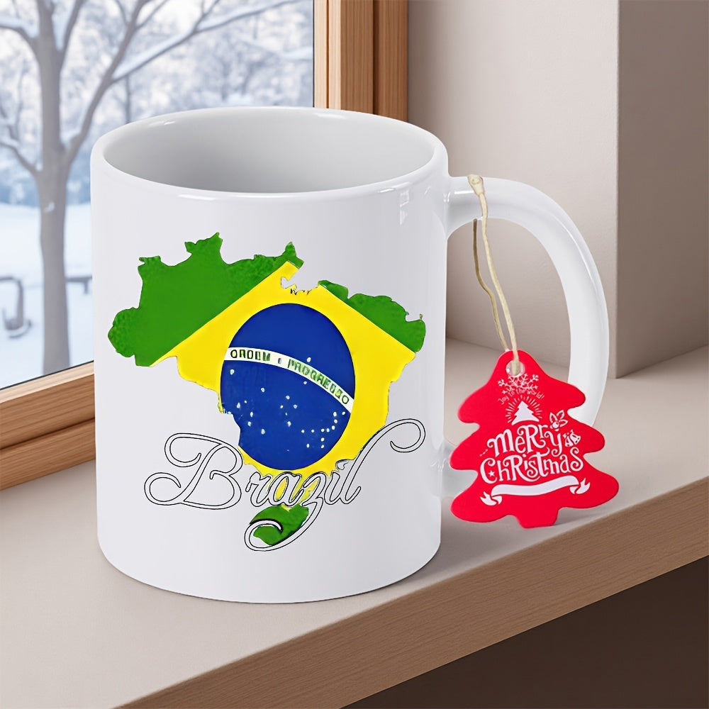 Tailorly White Ceramic 11 oz Mug - Brazil Merry Christmas Map Outline Filled With National Flag Colors And A Blue Globe Map