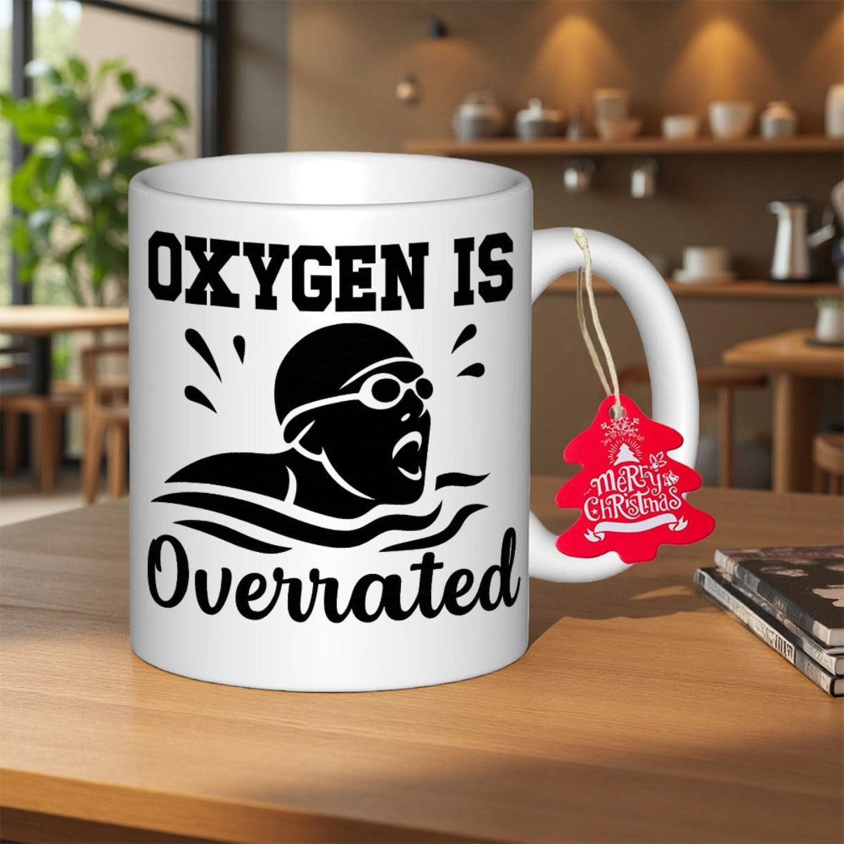 Tailorly White Ceramic 11 oz Mug - Oxygen Is Overrated Minimalist Black Silhouette Gliding Through Rippled Water With Dynamic Splashes Swimmer