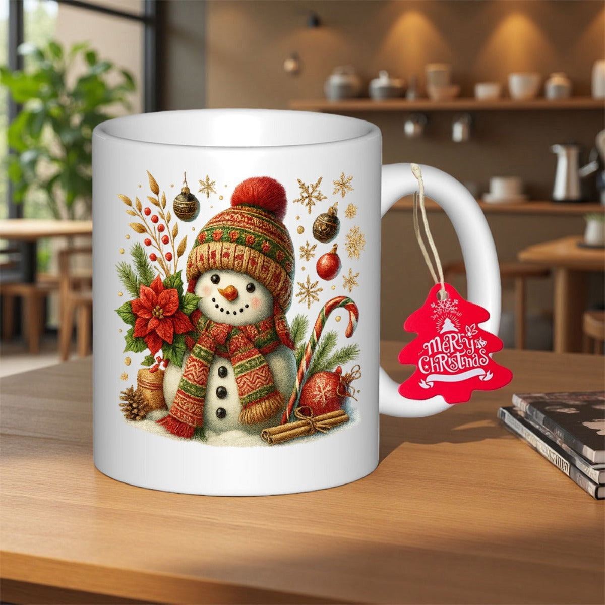 Tailorly White Ceramic 11 oz Mug - Merry Christmas Festive Smiling Wearing Knitted Winter Gear Among Holiday Decorations Snowman