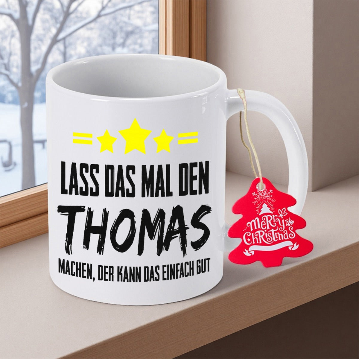 Tailorly White Ceramic 11 oz Mug - Merry Christmas Minimalist White Ceramic Vessel With Decorative Yellow Stars And Festive Tag Mug