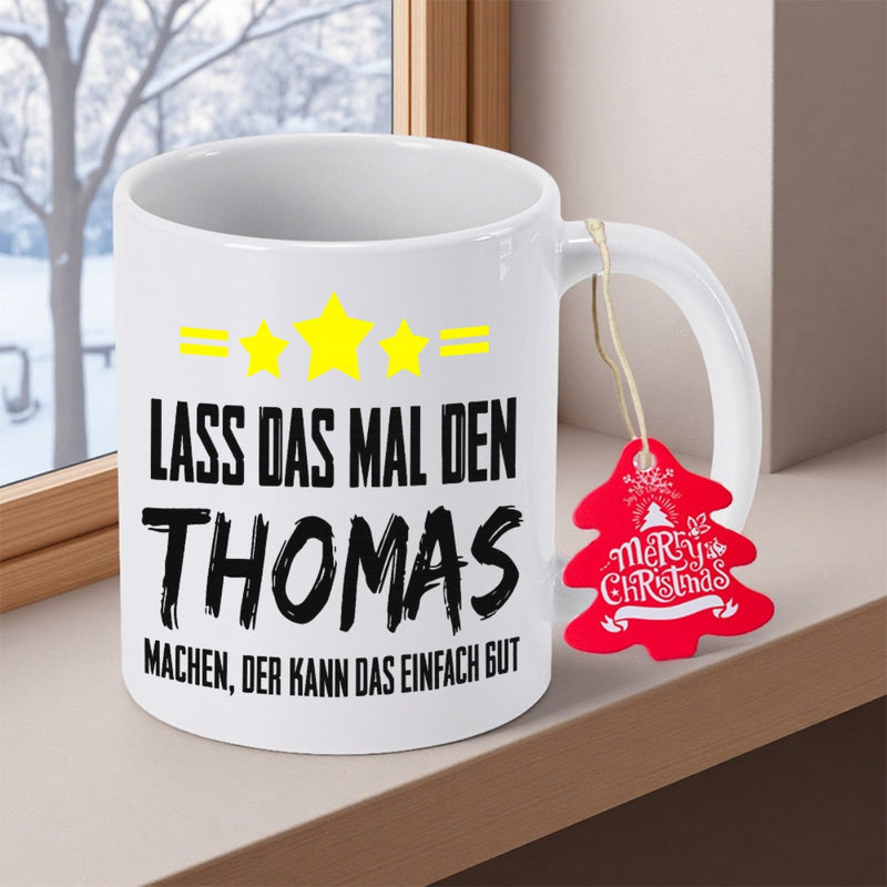 Tailorly White Ceramic 11 oz Mug - Merry Christmas Minimalist White Ceramic Vessel With Decorative Yellow Stars And Festive Tag Mug