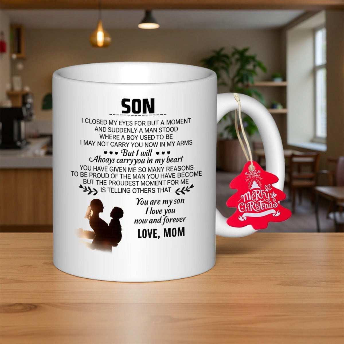 Tailorly White Ceramic 11 oz Mug - Son I Closed My Eyes Love Mom Heartwarming Silhouette Of Mother Holding Young Child Among Minimalist Decorative Leaves Mug