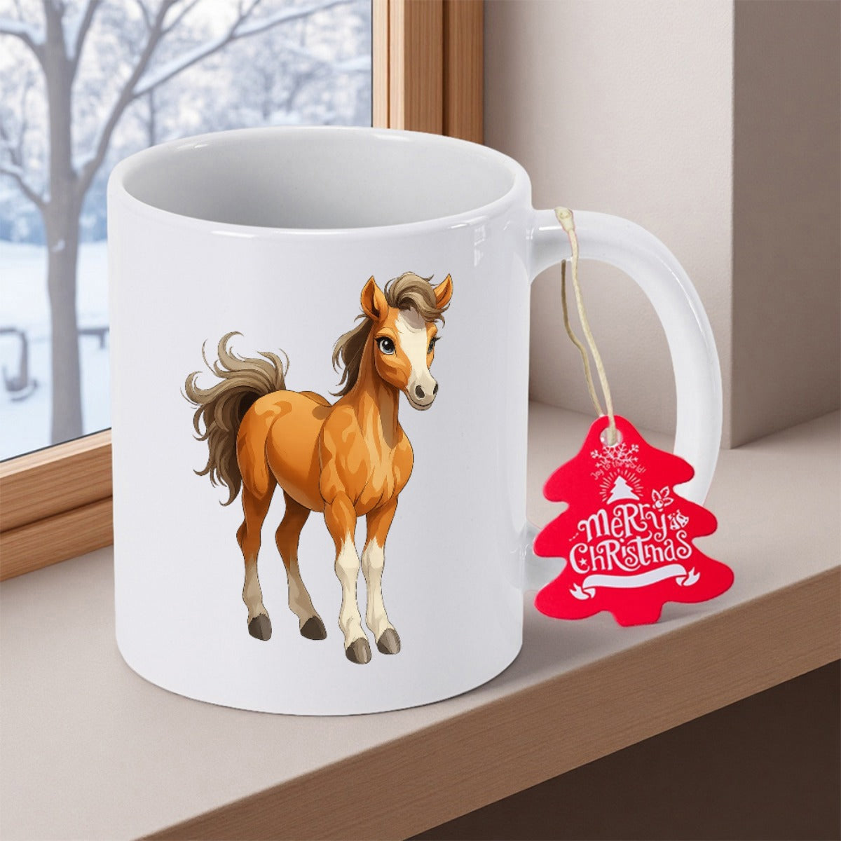 Tailorly White Ceramic 11 oz Mug - Merry Christmas Adorable Young Chestnut Foal Standing In Sunlight Beside A Winter Window Horse