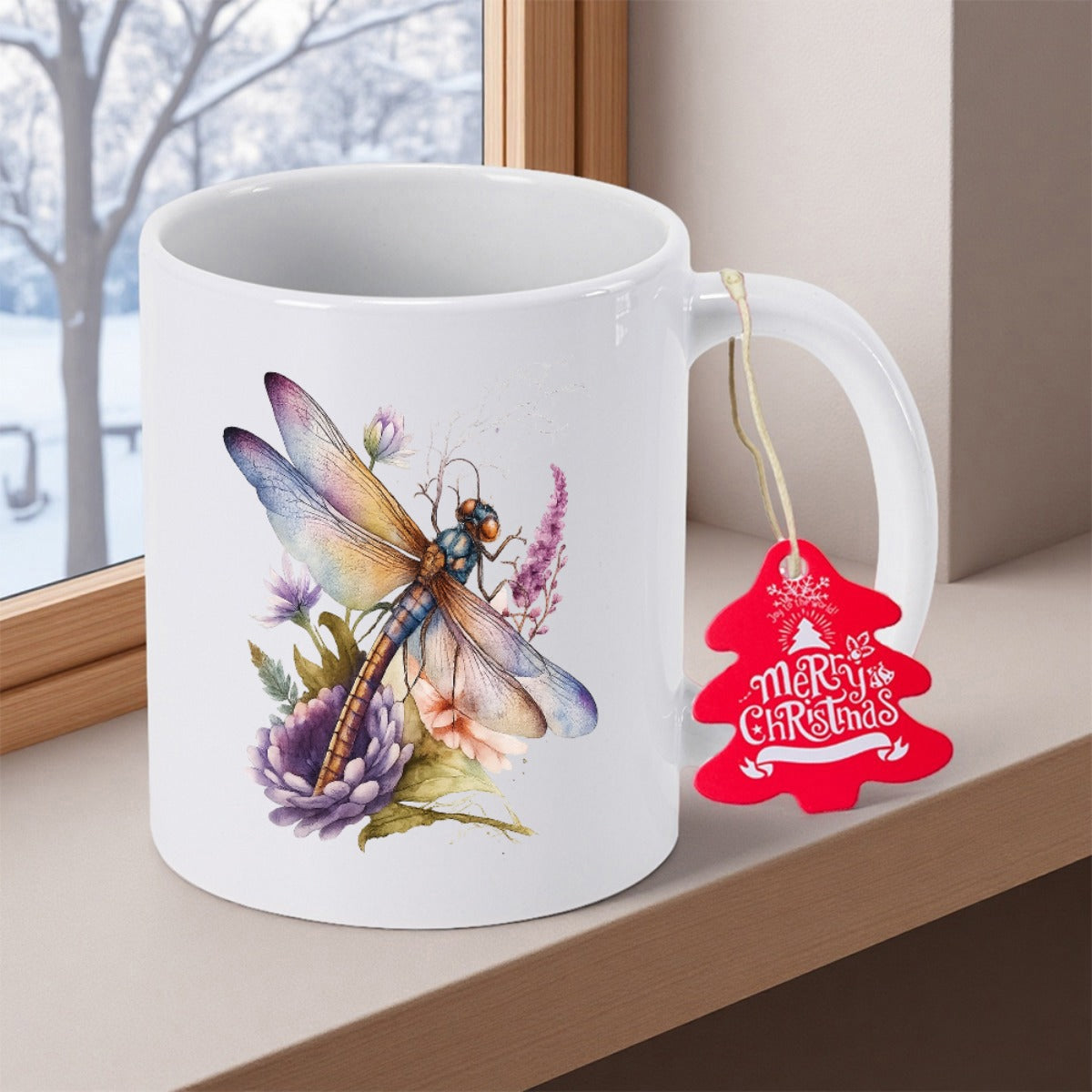 Tailorly White Ceramic 11 oz Mug - Merry Christmas Watercolor Wings Resting On Purple Wildflowers In A Serene Natural Garden Dragonfly