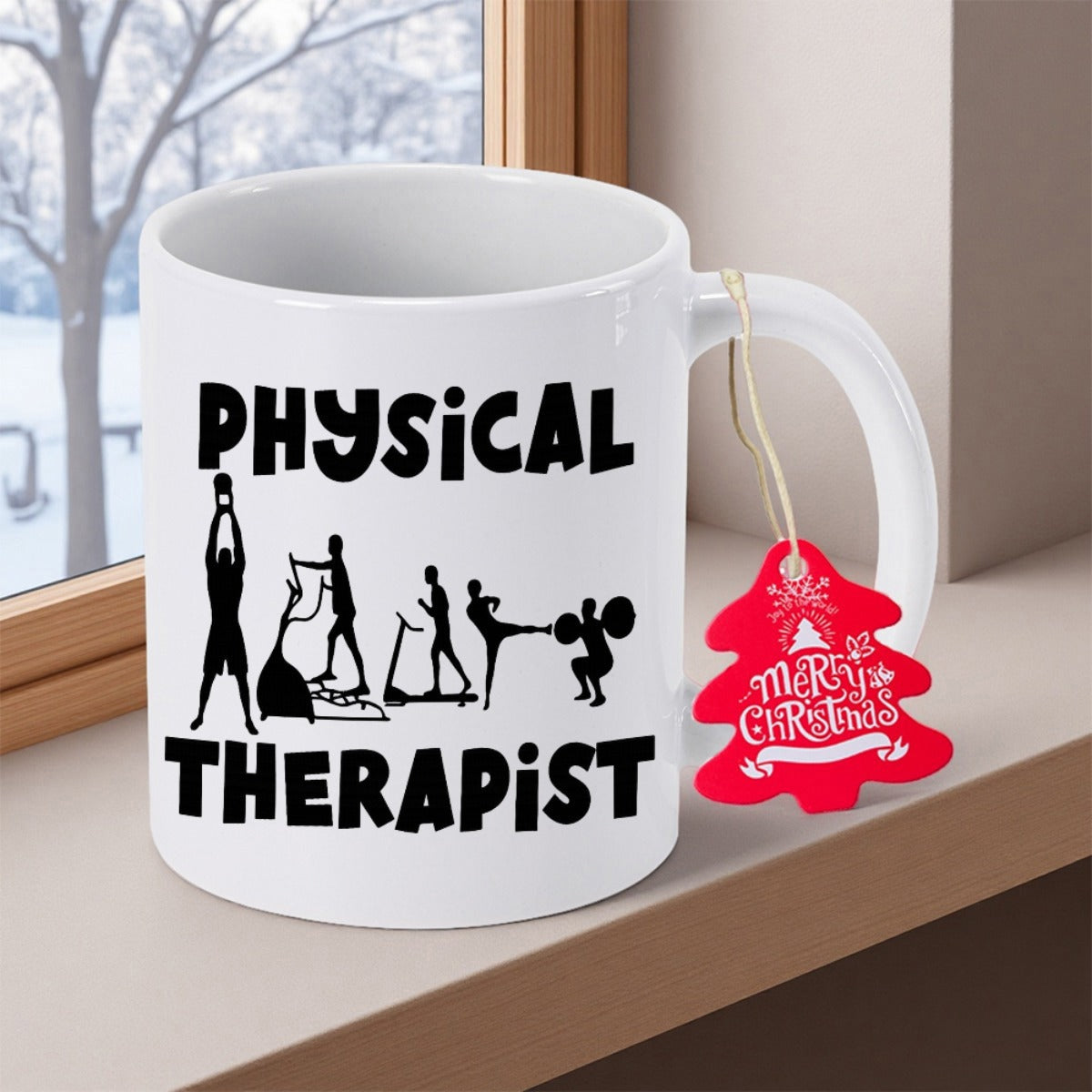 Tailorly White Ceramic 11 oz Mug - Physical Therapist Black Silhouettes Performing Diverse Rehabilitation Fitness Exercises And Training Silhouette