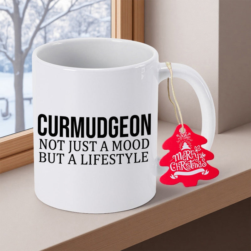 Tailorly White Ceramic 11 oz Mug - Curmudgeon Not Just A Mood But A Lifestyle Merry Christmas Sleek With Decorative Red Tree Tag Mug