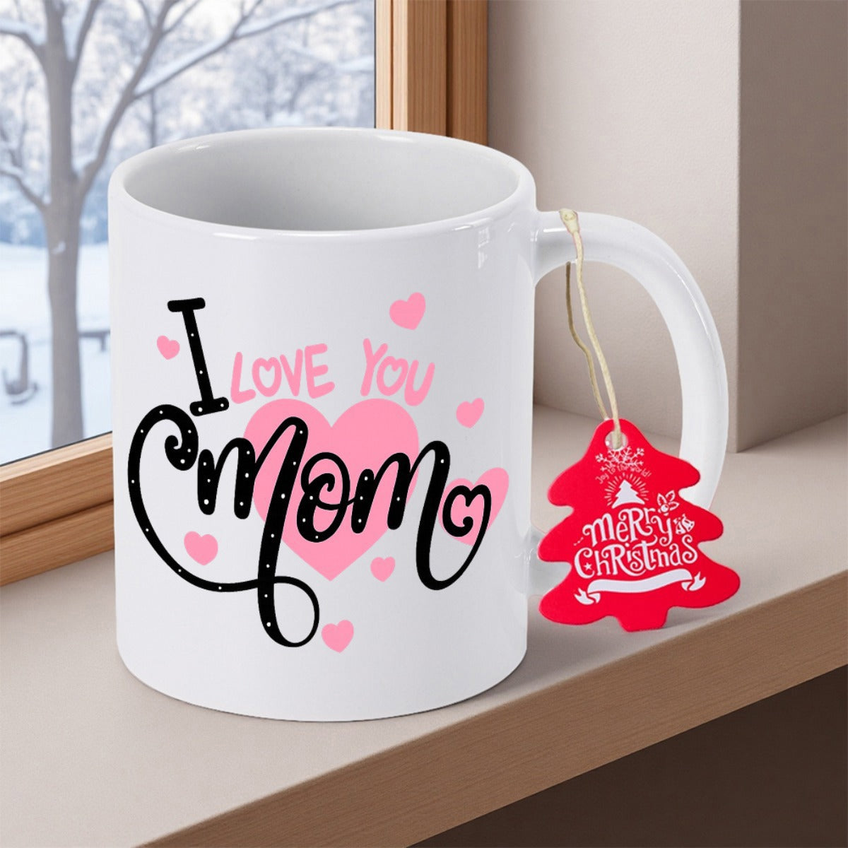 Tailorly White Ceramic 11 oz Mug - I Love You Mom Merry Christmas Elegant Script Surrounded By Small Pink Hearts Expressing Affection Mug