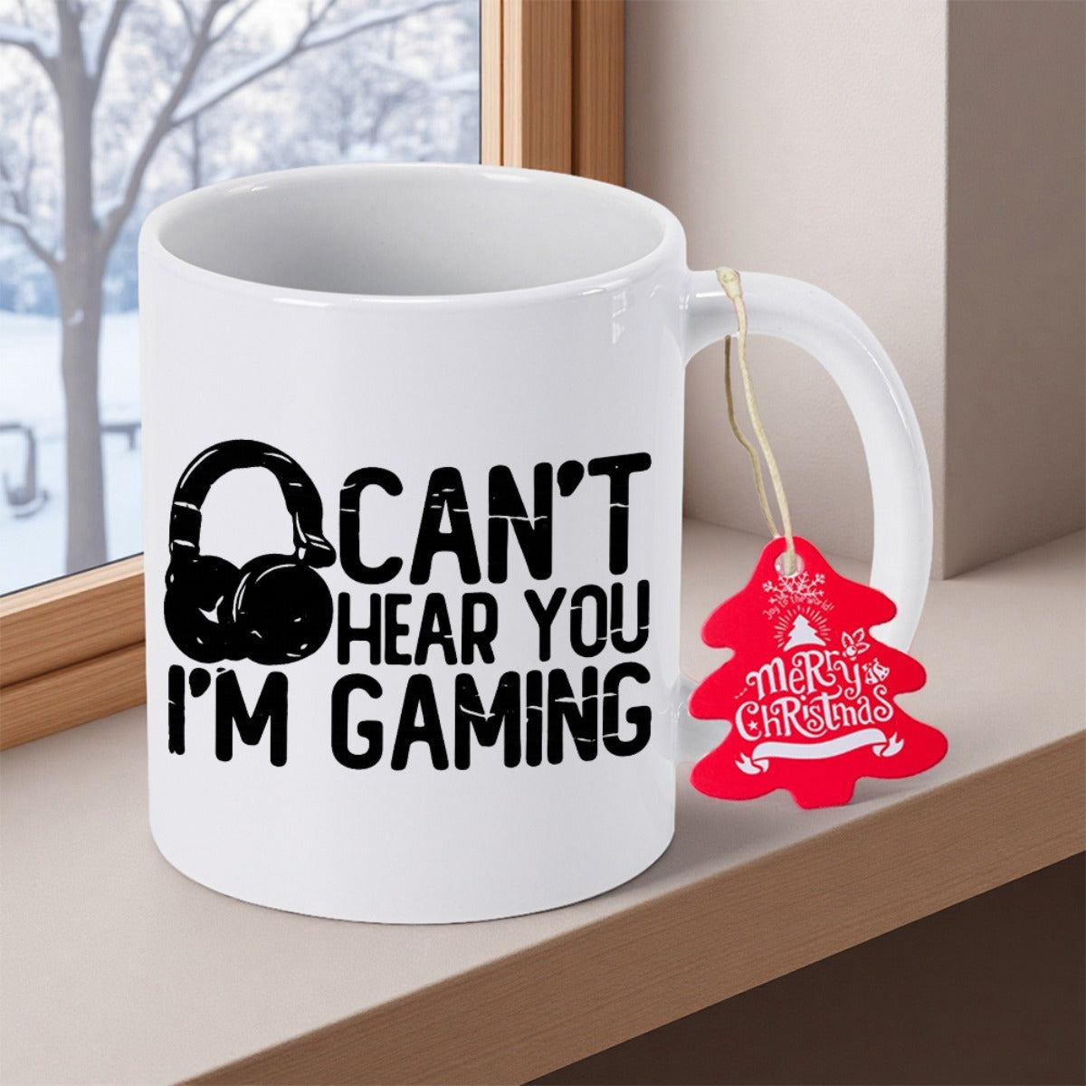 Tailorly White Ceramic 11 oz Mug - Can't Hear You I'm Gaming Minimalist Silhouette Of Gaming Gear With Bold Modern Distressed Texture Headphones