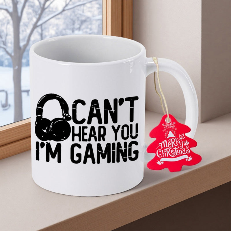 Tailorly White Ceramic 11 oz Mug - Can't Hear You I'm Gaming Minimalist Silhouette Of Gaming Gear With Bold Modern Distressed Texture Headphones