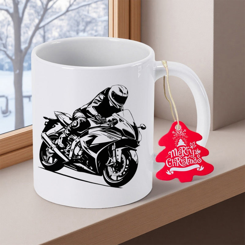 Tailorly White Ceramic 11 oz Mug - Merry Christmas Dynamic Speeding Racing Rider Wearing Helmet On Sleek Power Motorcycle