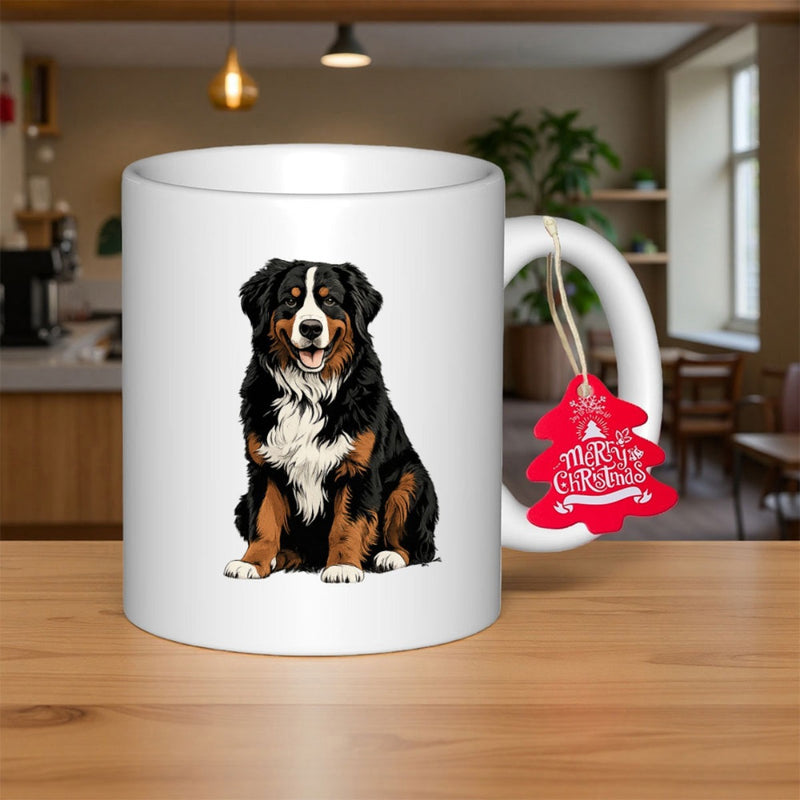 Tailorly White Ceramic 11 oz Mug - Merry Christmas Majestic Bernese Mountain Dog Sitting Calmly With Thick Tri Color Fur Dog