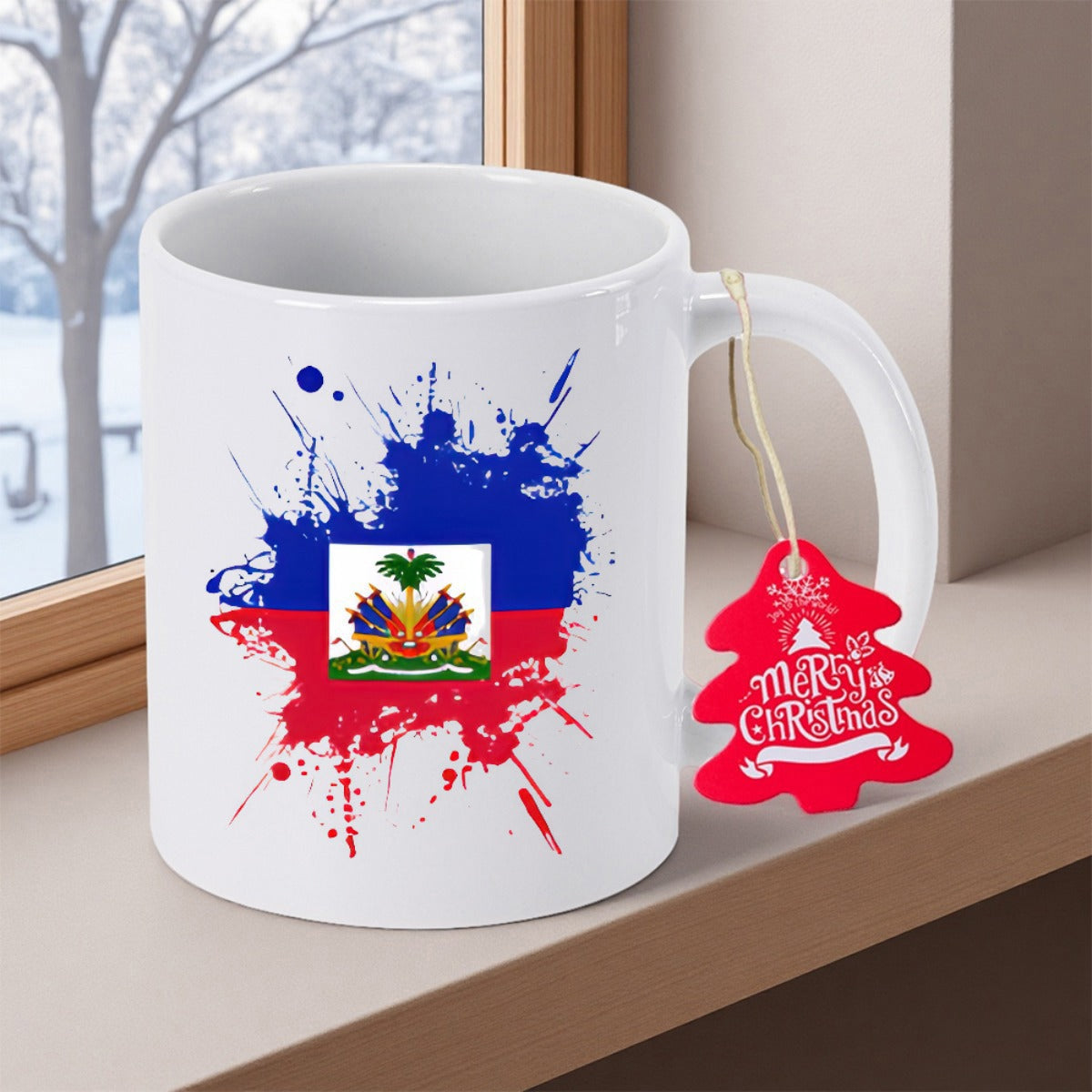 Tailorly White Ceramic 11 oz Mug - Merry Christmas Artistic Paint Splatter Effect Featuring The National Haiti Flag Emblem Mug