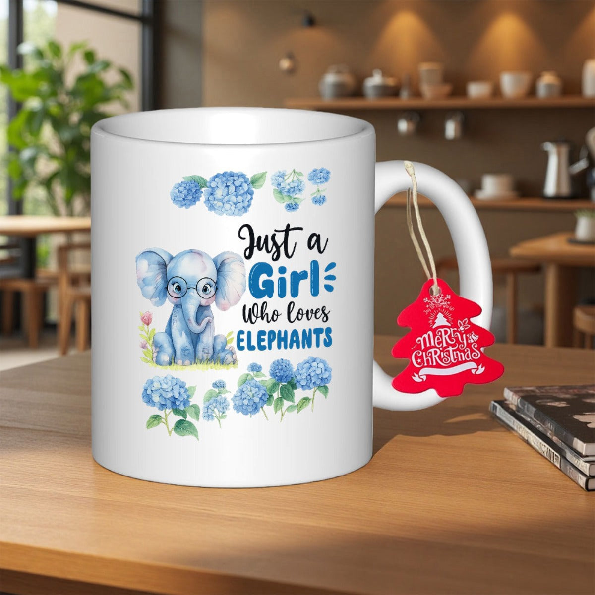 Tailorly White Ceramic 11 oz Mug - Just A Girl Who Loves Elephants Sweet Little Blue Elephant Wearing Glasses Surrounded By Blue Hydrangea Flowers Elephant