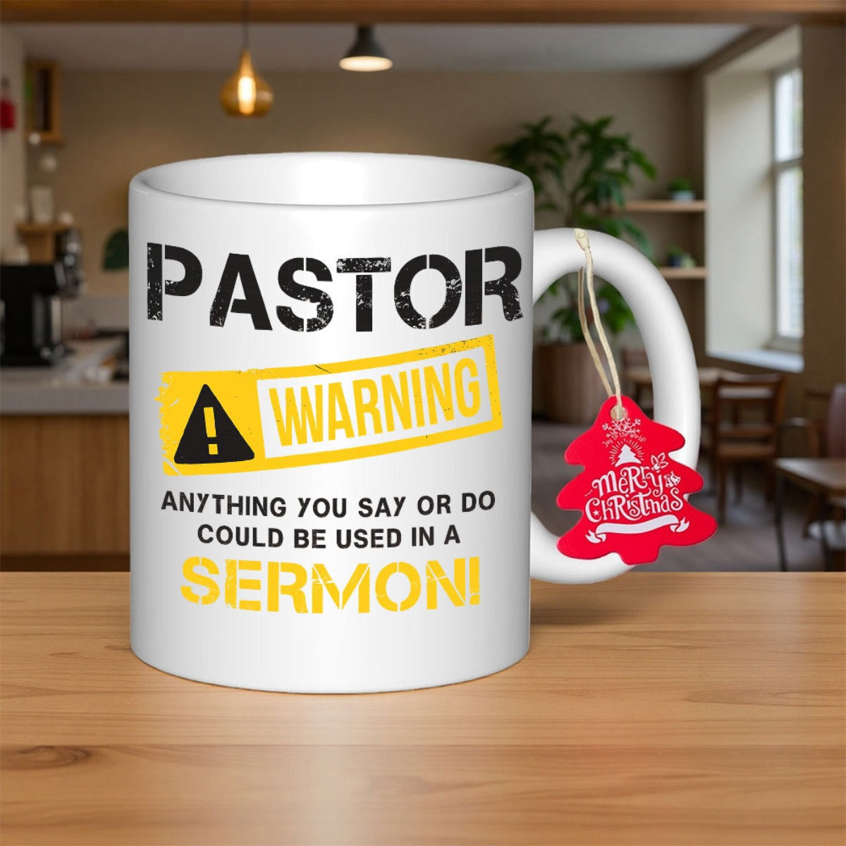 Tailorly White Ceramic 11 oz Mug - Pastor Warning Anything You Say Or Do Could Be Used In A Sermon Humorous Typographic Text With Caution Sign Graphic