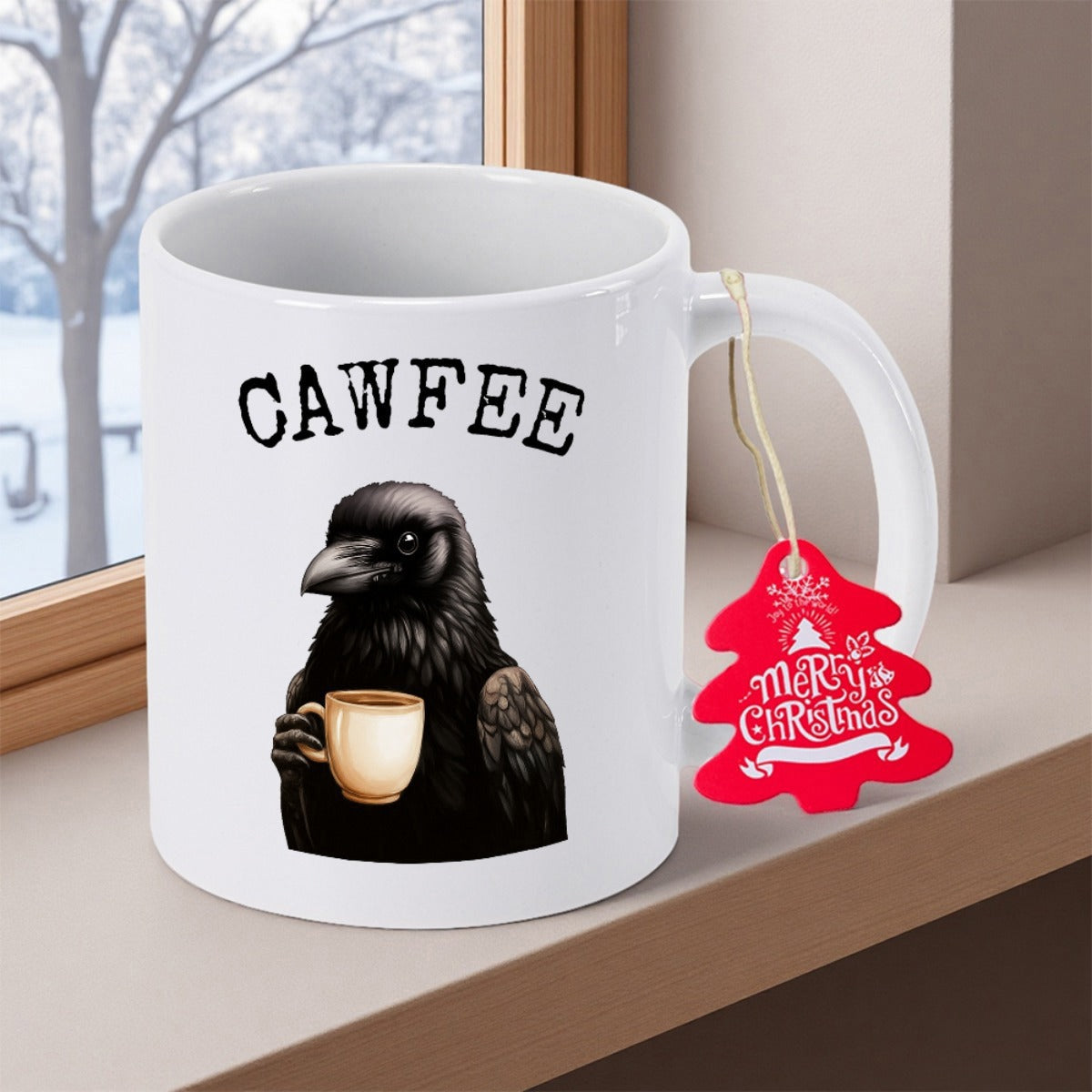 Tailorly White Ceramic 11 oz Mug - Cawfee Intelligent Black Bird Holding A Small Cup Of Warm Morning Raven