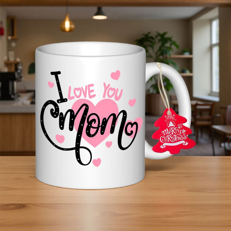 Tailorly White Ceramic 11 oz Mug - I Love You Mom Decorative Pink Hearts With Bold Artistic Black Script Mug