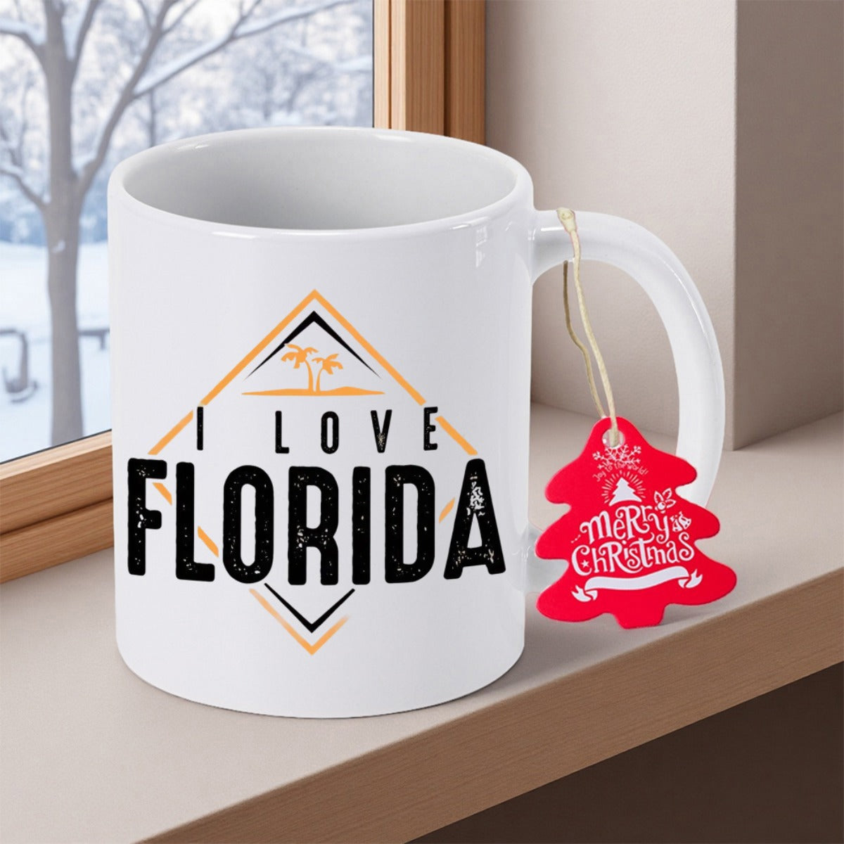 Tailorly White Ceramic 11 oz Mug - I Love Florida Merry Christmas Tropical Island Scene Inside A Geometric Diamond Frame Featuring Palm Tree