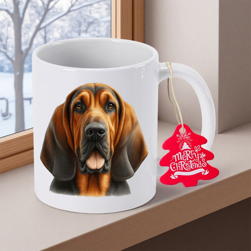Tailorly White Ceramic 11 oz Mug - Merry Christmas Faithful Bloodhound With Long Drooping Ears And Gentle Soulful Eyes Dog