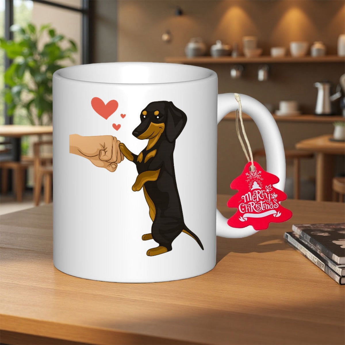 Tailorly White Ceramic 11 oz Mug - Merry Christmas Affectionate Black And Tan Sausage Dog Giving Fist Bump To Human Hand Dachshund