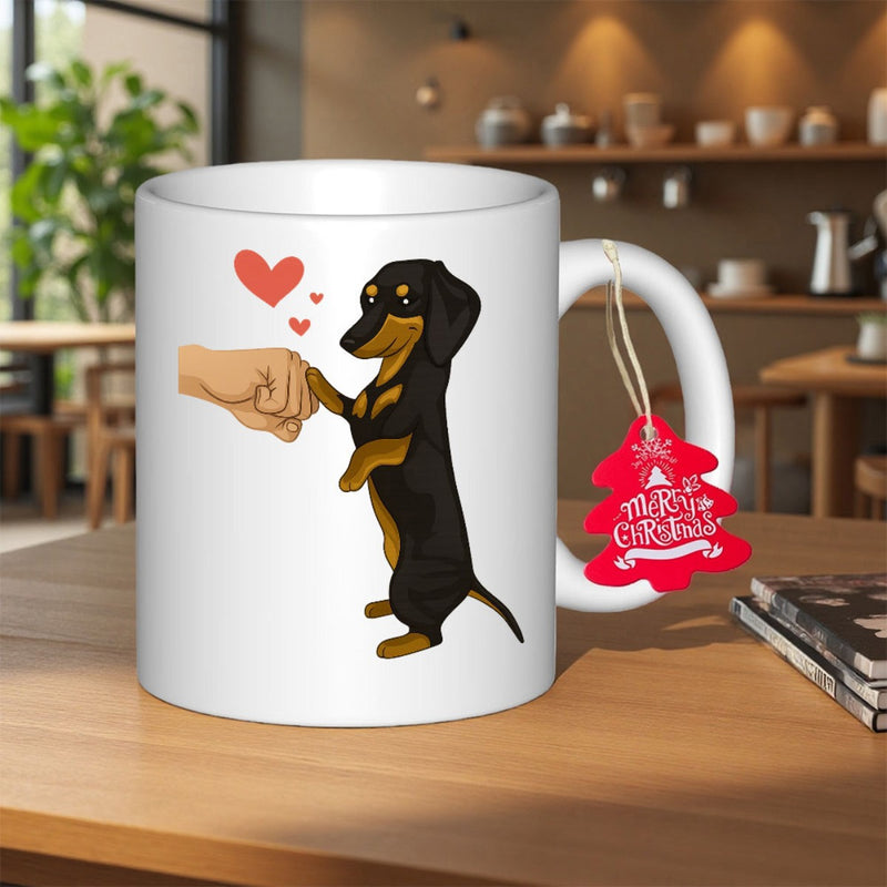 Tailorly White Ceramic 11 oz Mug - Merry Christmas Affectionate Black And Tan Sausage Dog Giving Fist Bump To Human Hand Dachshund
