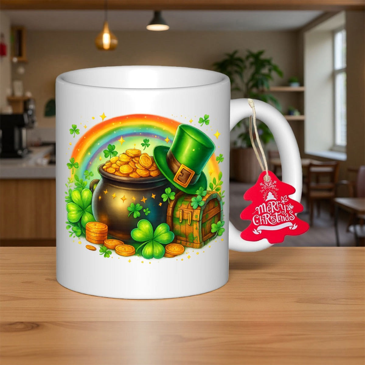 Tailorly White Ceramic 11 oz Mug - Golden Coins Filling Black Cauldron Under Colorful Rainbow With Festive Shamrocks Pot
