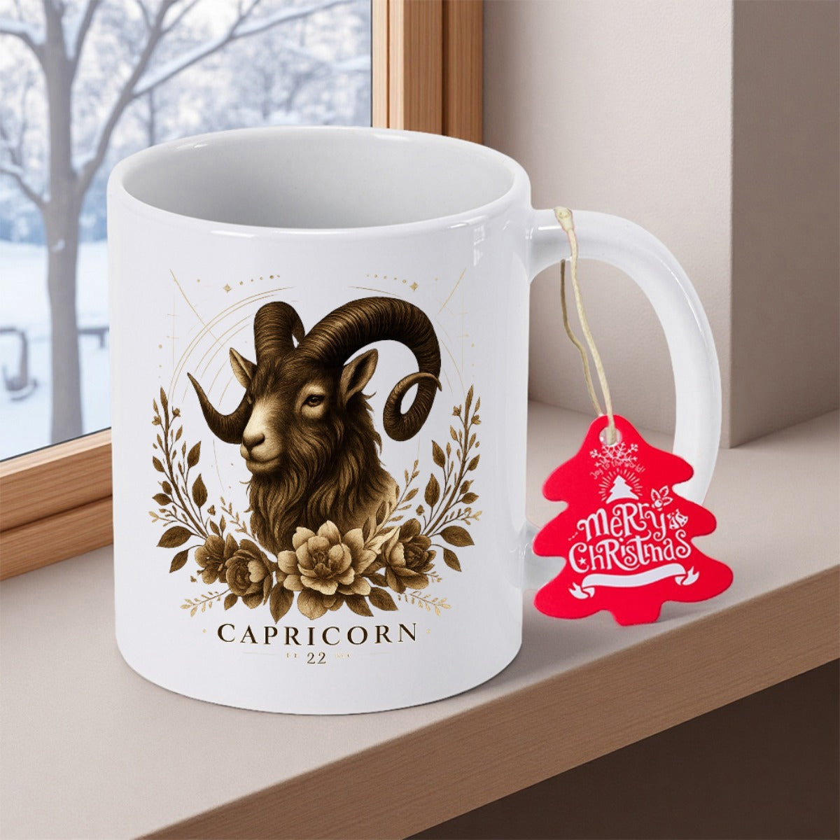 Tailorly White Ceramic 11 oz Mug - Capricorn Merry Christmas Majestic Horned Goat Surrounded By Golden Floral Wreath Capricorn