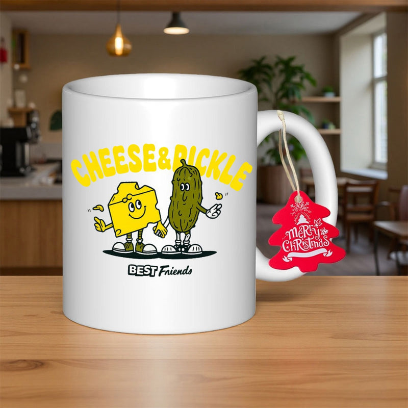 Tailorly White Ceramic 11 oz Mug - Cheese Pickle Best Friends Retro Style Cartoon Food Characters Holding Hands Together With Smiles Pickle