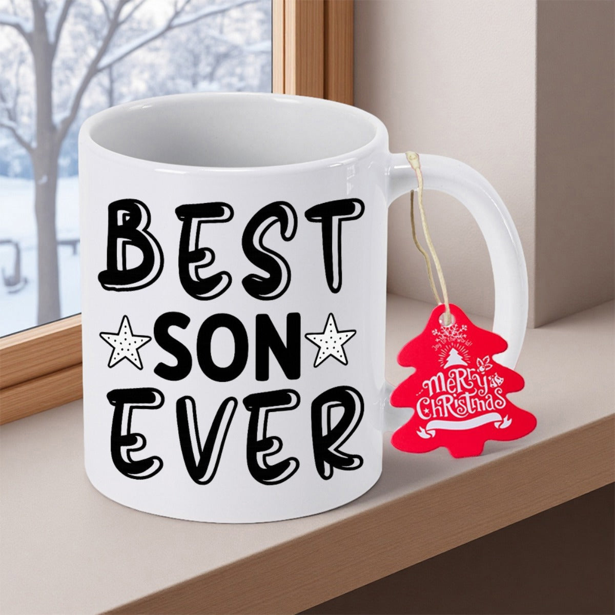 Tailorly White Ceramic 11 oz Mug - Best Son Ever Merry Christmas Bold Hand Drawn Lettering Accented With Twinkling Stars On Minimalist Ceramic Mug