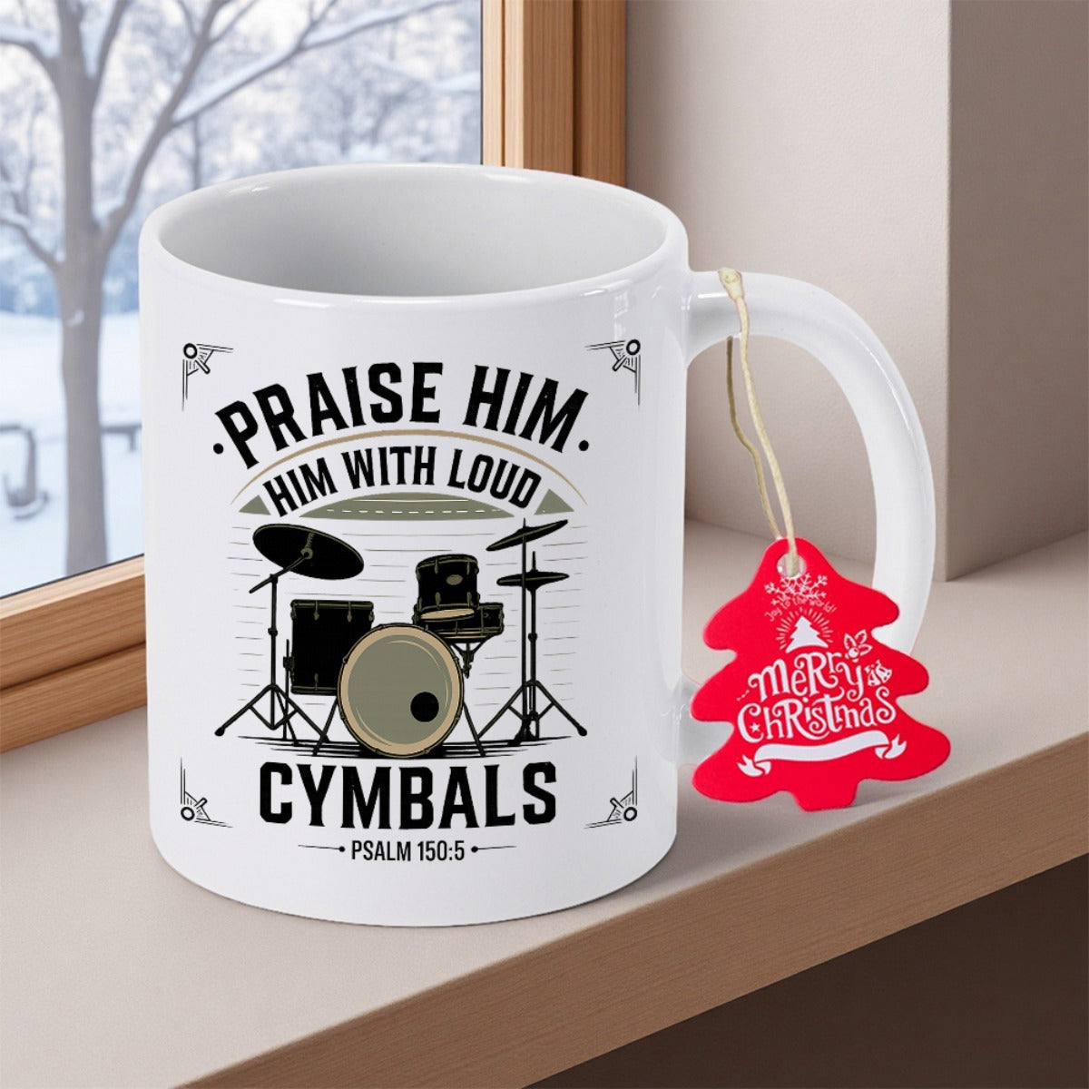 Tailorly White Ceramic 11 oz Mug - Praise Him Him With Loud Cymbals Psalm 150 5 Intricate Silhouette Drum Set With Cymbals Among Decorative Religious Script