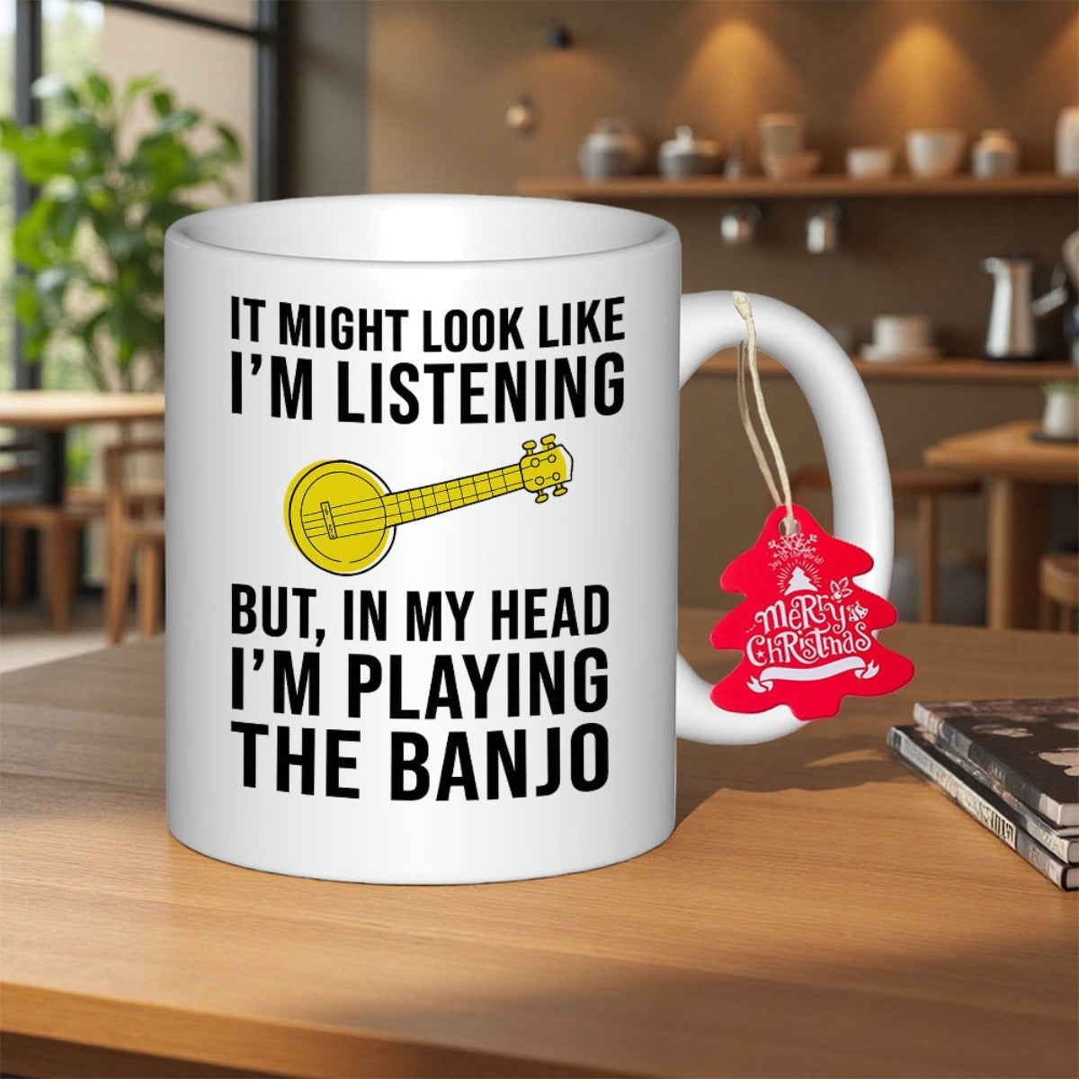 Tailorly White Ceramic 11 oz Mug - It Might Look Like Im Listening But In My Head Im Playing The Banjo Simple Yellow Illustration Of A Traditional Musical Stringed