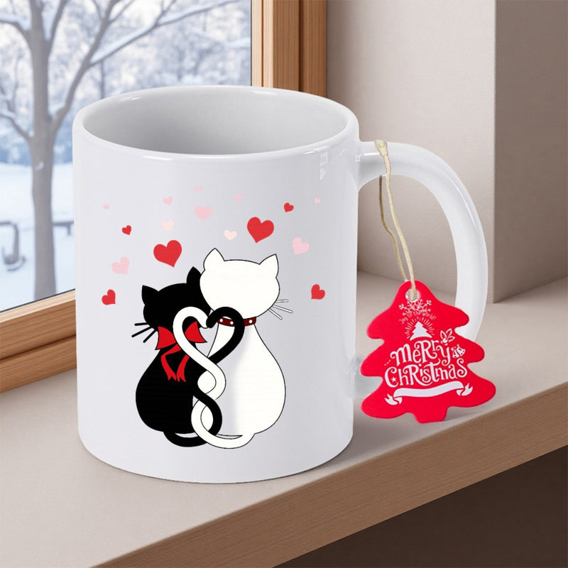 Tailorly White Ceramic 11 oz Mug - Merry Christmas Adorable Black And White Felines With Heart Shaped Tails Under Floating Red Hearts Cats