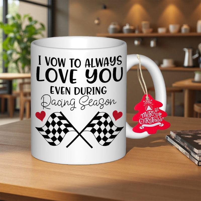 Tailorly White Ceramic 11 oz Mug - I Vow To Always Love You Even During Racing Season Crossed Checkered Racing Flags With Small Red Hearts Mug