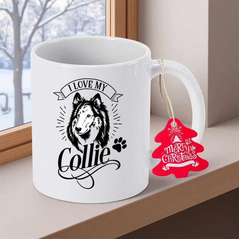 Tailorly White Ceramic 11 oz Mug - I Love My Collie Detailed Hand Drawn Sketch Of A Majestic Long Haired Collie