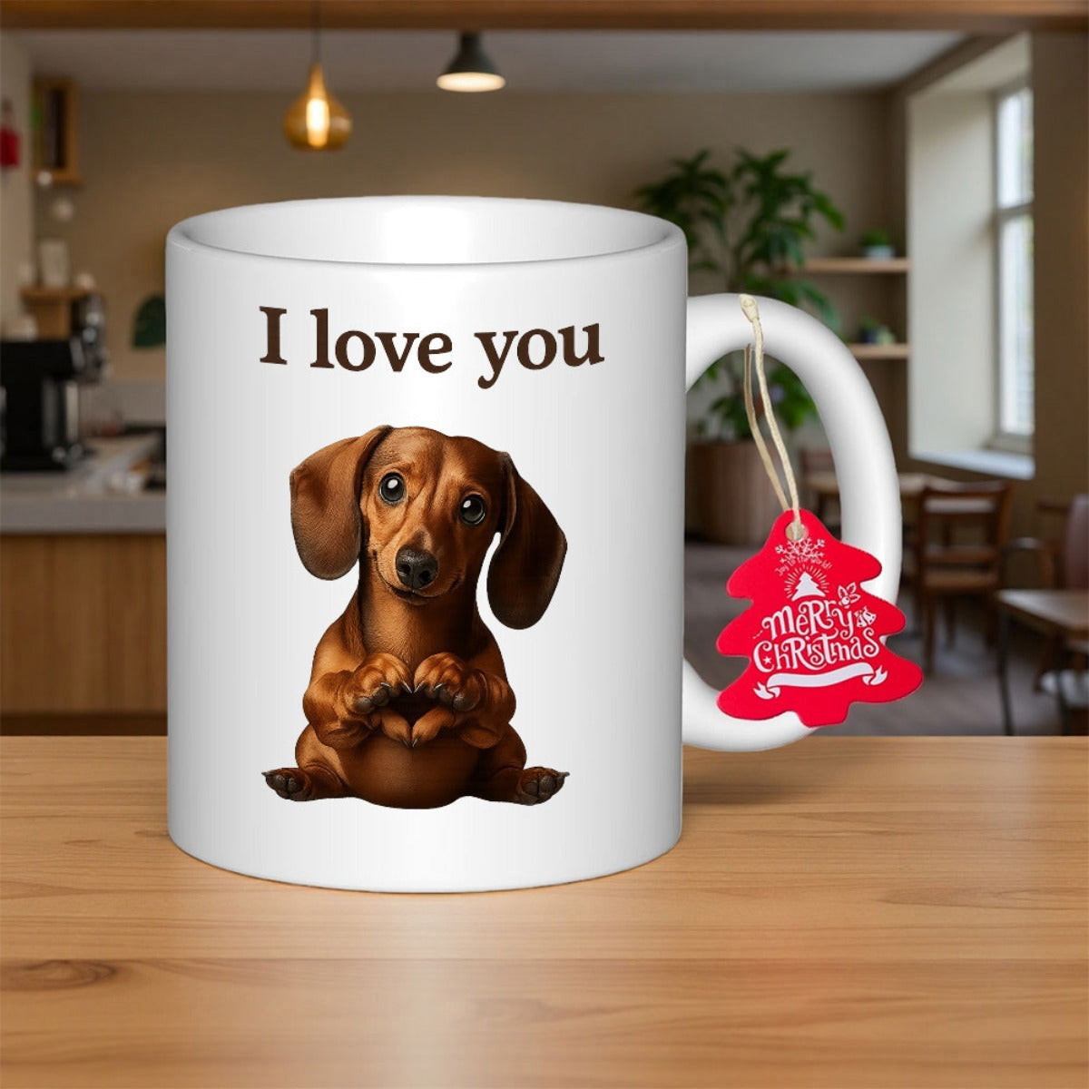 Tailorly White Ceramic 11 oz Mug - I Love You Cute Brown Dachshund Making A Heart Shape With Its Paws Dachshund