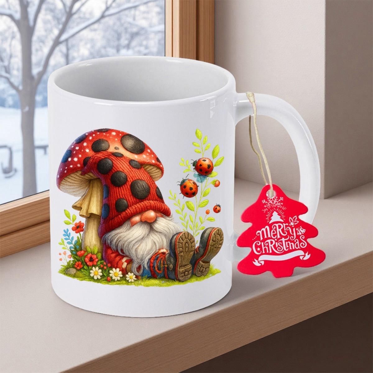 Tailorly White Ceramic 11 oz Mug - Merry Christmas Whimsical Tiny Being Resting Under A Spotted Red Forest Mushroom Gnome