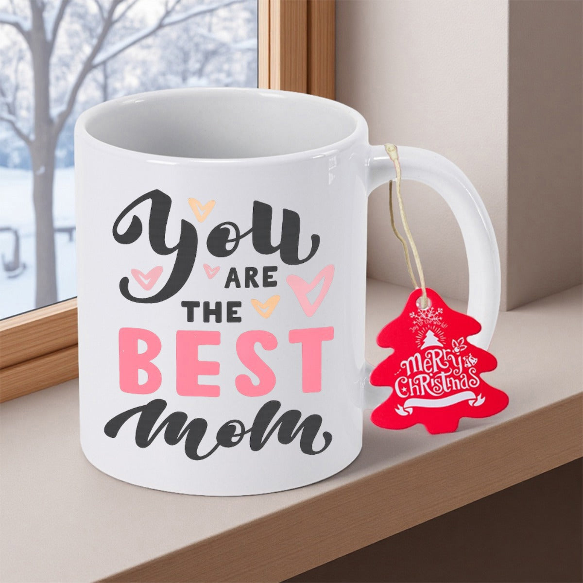 Tailorly White Ceramic 11 oz Mug - You Are The Best Mom Elegant Script With Colorful Hearts Surrounding Bold Pink Typography Mug