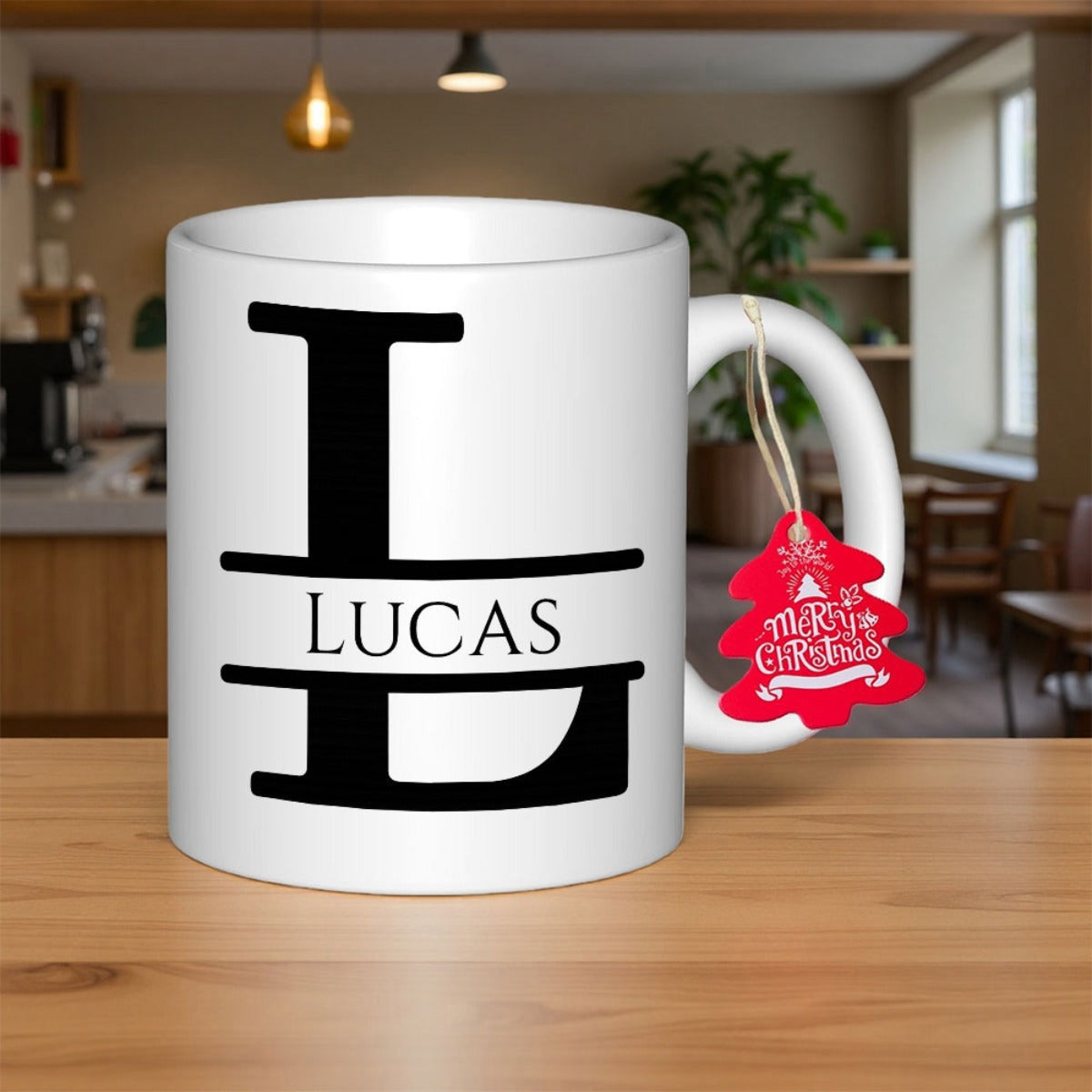 Tailorly White Ceramic 11 oz Mug - Lucas Minimalist Bold Split Monogram Initial With Personalized Name Ceramic Mug