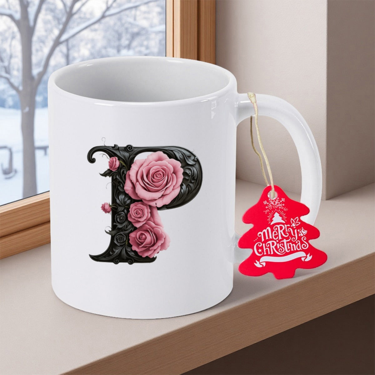 Tailorly White Ceramic 11 oz Mug - Merry Christmas Ornate Black Botanical Design Featuring Pink Garden Roses Letter