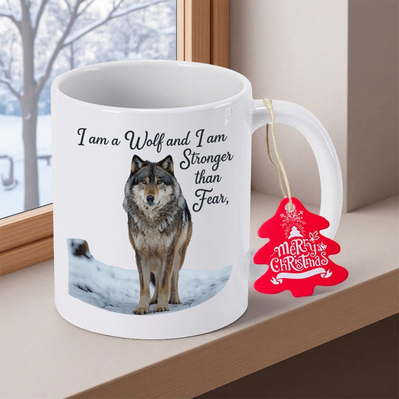 Tailorly White Ceramic 11 oz Mug - I Am A Wolf And I Am Stronger Than Fear Majestic Wild Grey Wolf Standing In Soft Winter Snow Wolf