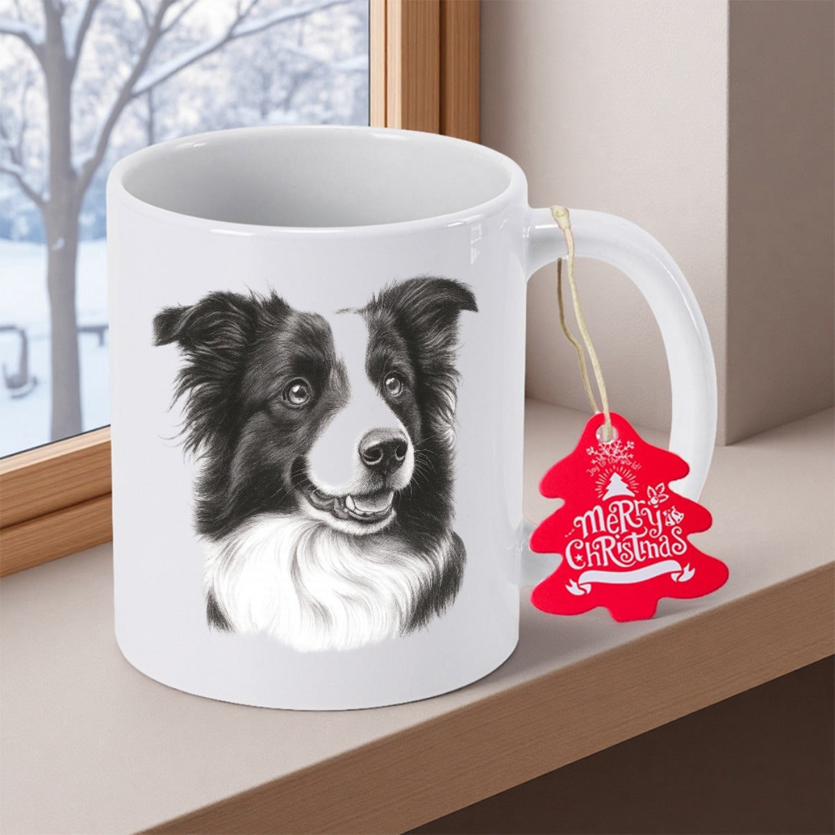 Tailorly White Ceramic 11 oz Mug - Merry Christmas Realistic Black And White Portrait Of A Smiling Dog With Fluffy Fur Border Collie