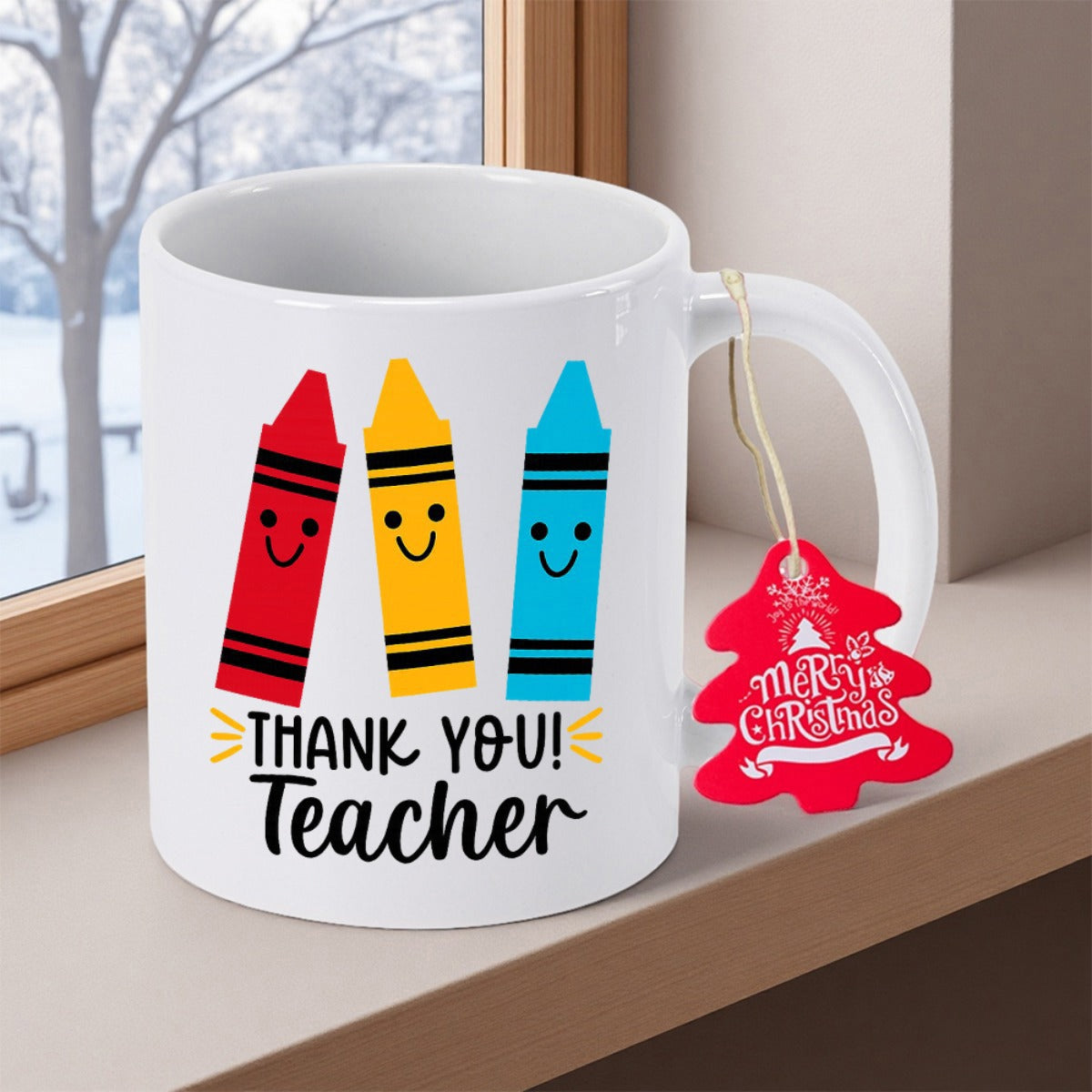 Tailorly White Ceramic 11 oz Mug - Thank You Teacher Three Vibrant Colorful Cartoon Crayons With Friendly Smiling Faces Mug