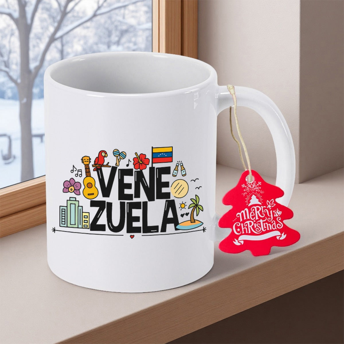 Tailorly White Ceramic 11 oz Mug - Venezuela Colorful Hand Drawn Icons Featuring Tropical Elements And National Flag Design