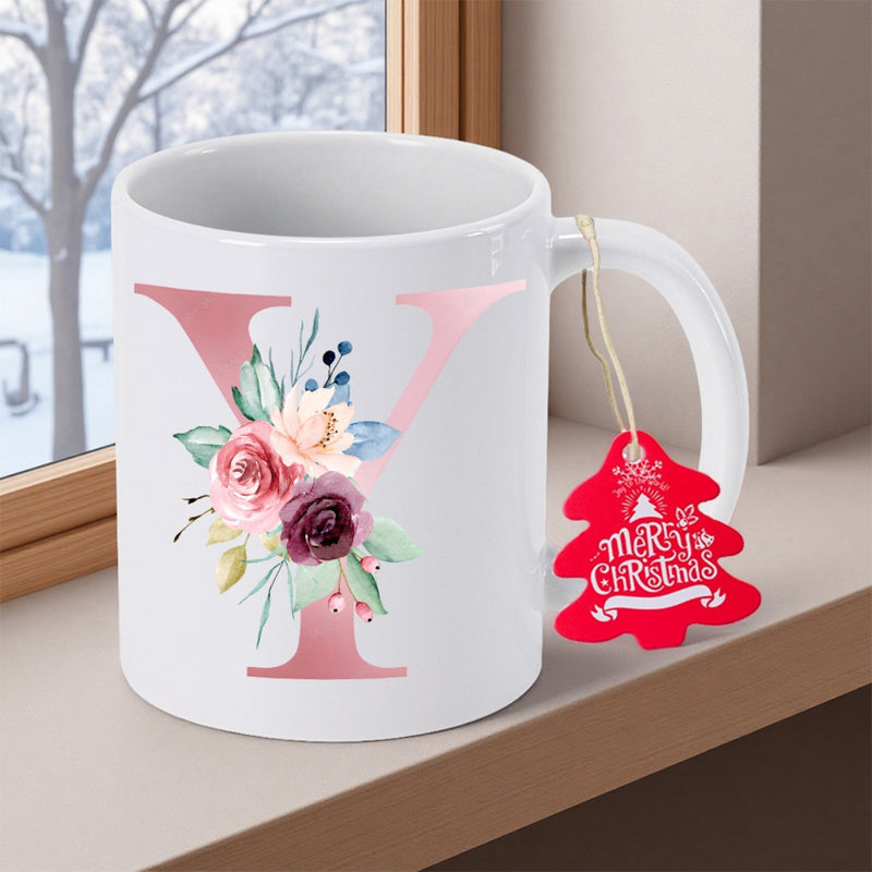 Tailorly White Ceramic 11 oz Mug - Y Merry Christmas Rose Gold Letter Among Delicate Watercolor Roses And Green Leaves Mug