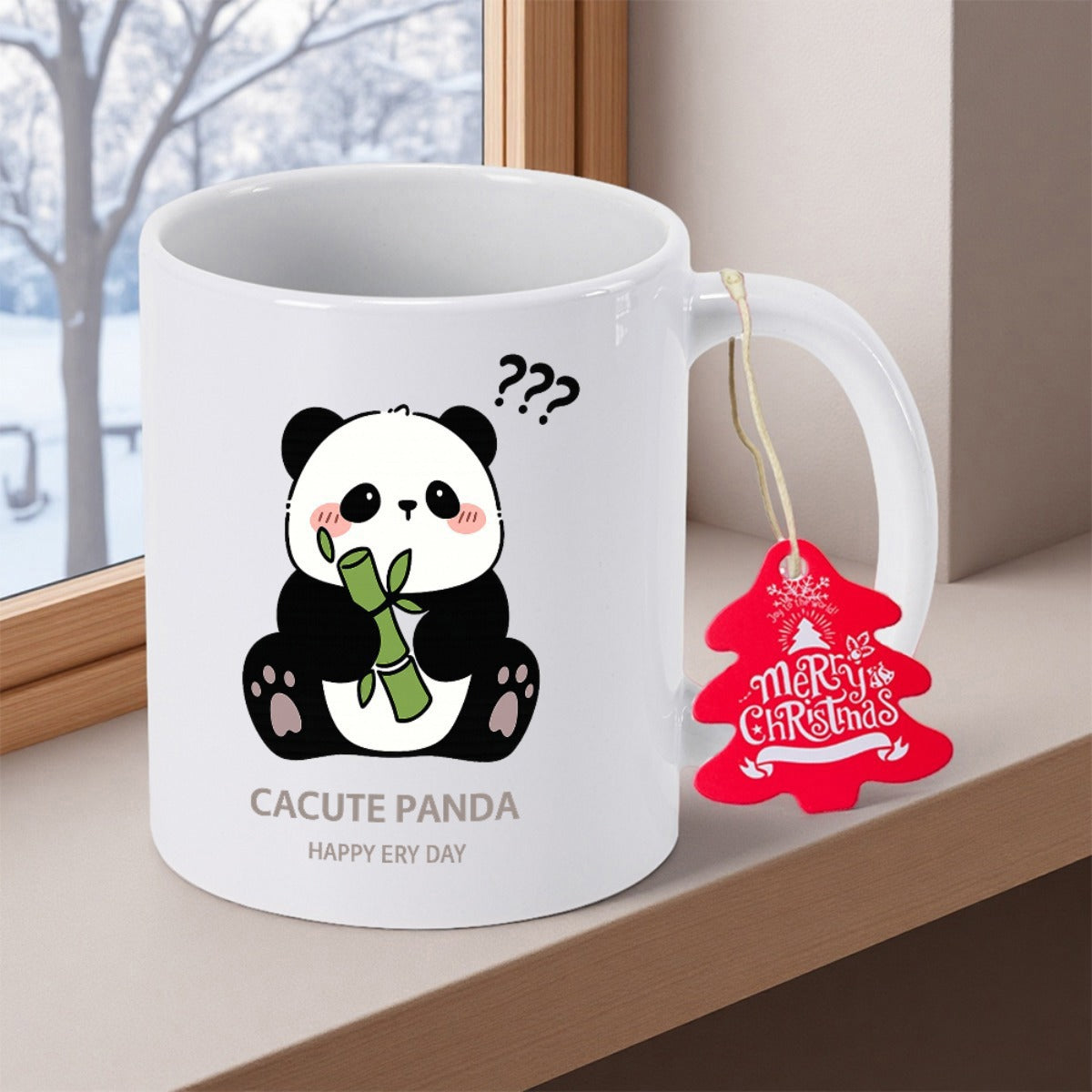 Tailorly White Ceramic 11 oz Mug - Cacute Panda Happy Cry Day Adorable Sitting Cartoon Panda Holding Bamboo Shoot Under Question Marks Panda