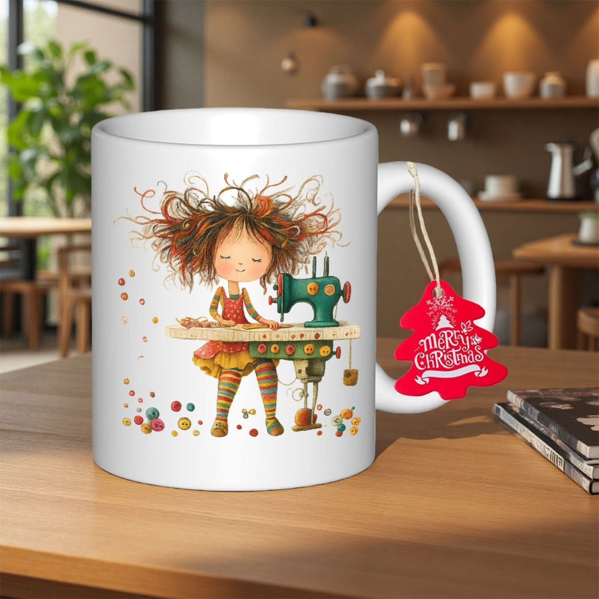 Tailorly White Ceramic 11 oz Mug - Merry Christmas Whimsical Messy Hair Artist At Vintage Sewing Machine Surrounded By Colorful Yarn Balls Girl