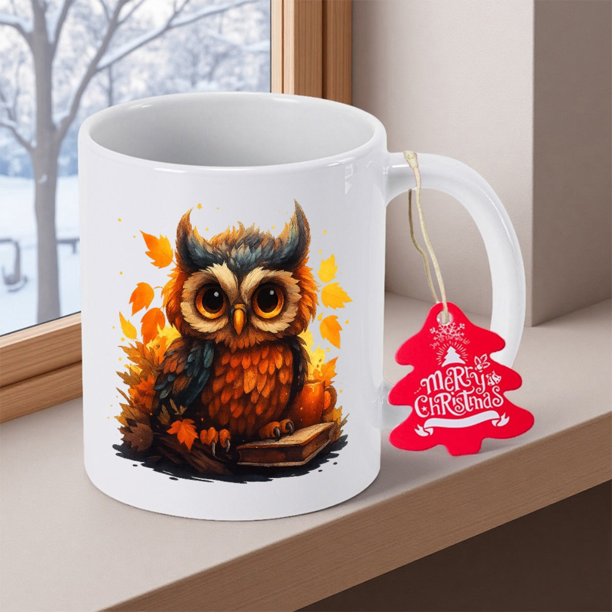 Tailorly White Ceramic 11 oz Mug - Merry Christmas Adorable Brown Owl Sitting On Ancient Book Among Golden Autumn Leaves Owl