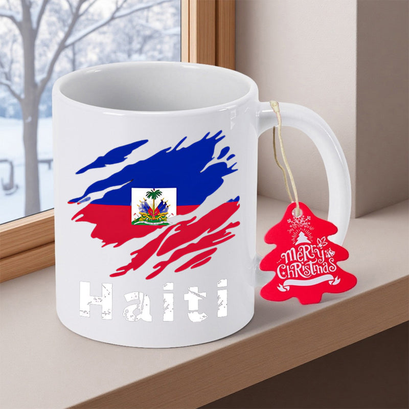 Tailorly White Ceramic 11 oz Mug - Haiti Distressed Shredded National Pride Design Featuring Colorful Official Coat Of Arms Flag