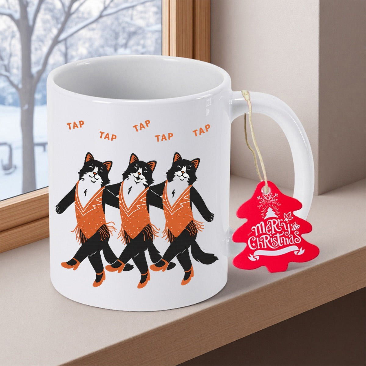 Tailorly White Ceramic 11 oz Mug - Tap Tap Tap Tap Tap Merry Christmas Three Tuxedo Cats Dancing In Orange Vests Tap Dance Cat