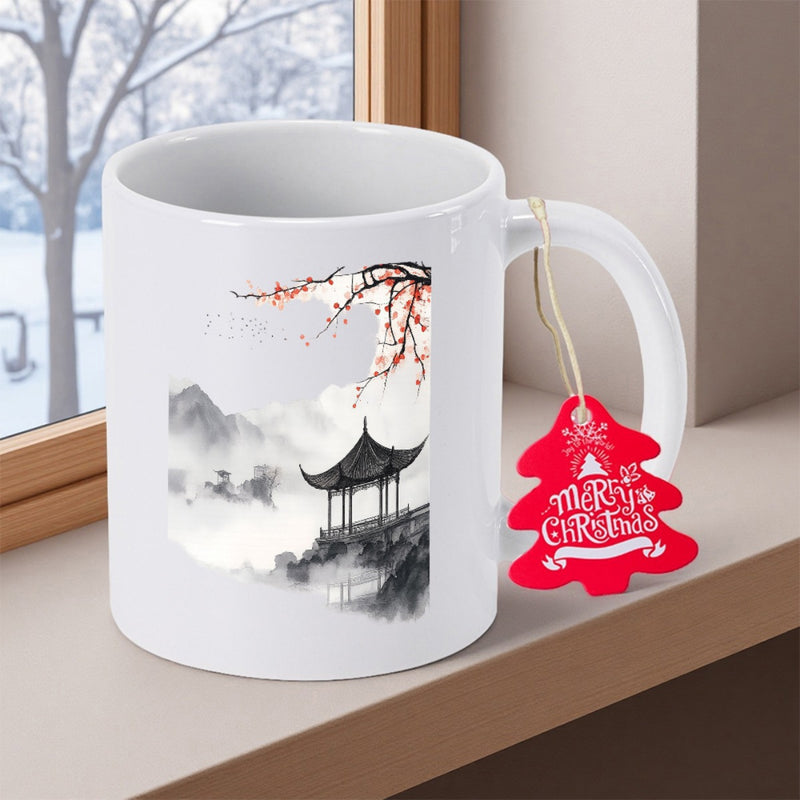 Tailorly White Ceramic 11 oz Mug - Traditional Ink Wash Landscape With Blooming Red Plum Blossoms And Misty Mountains Pagoda